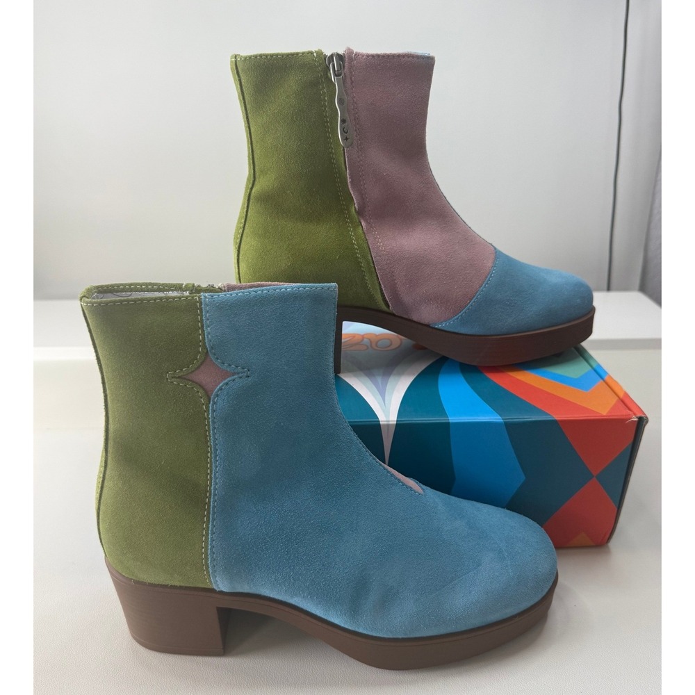 Lazo Luna Suede Colorblock Ankle Boots Blue Green Pink Platform Size 8 NEW